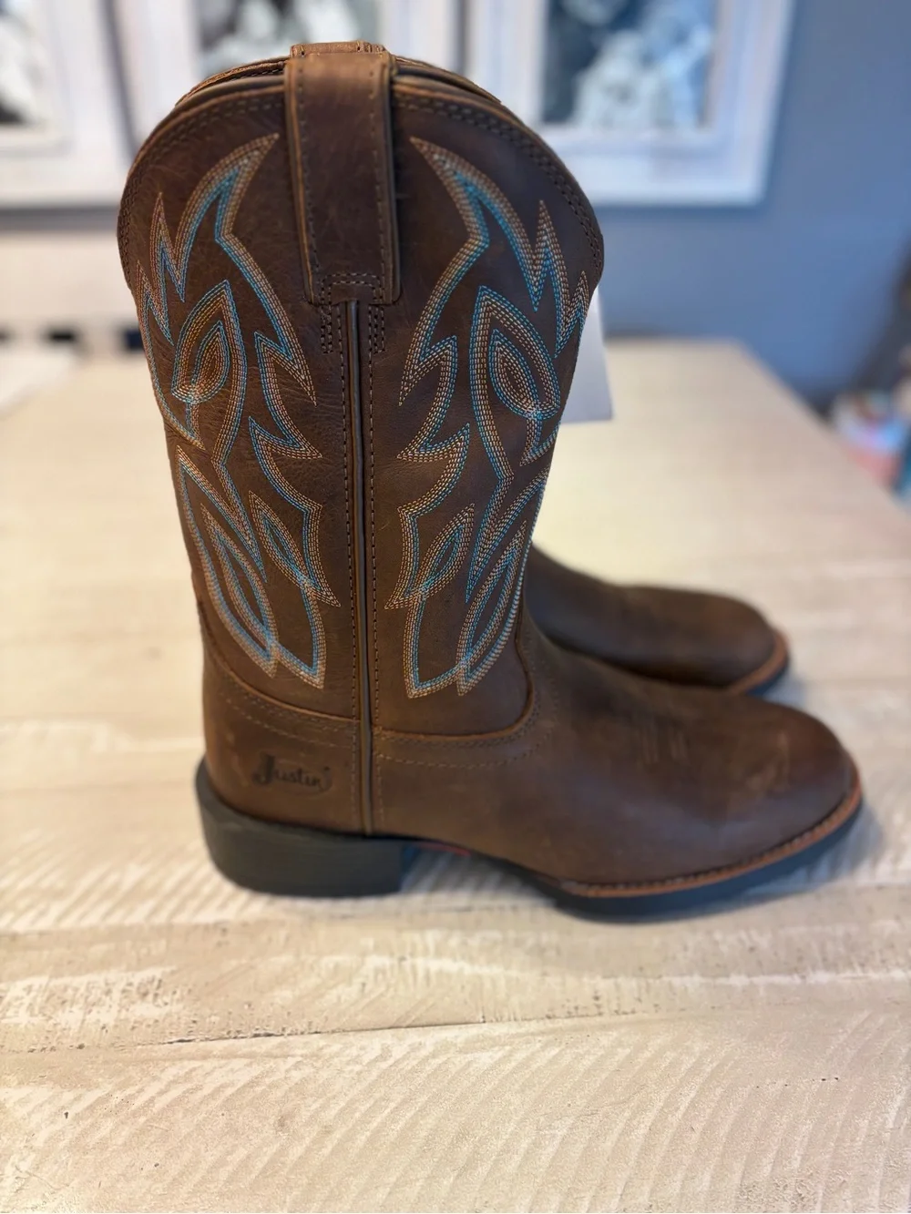 Men’s Justin Boots Brown Leather Western Boots with Blue Stitching